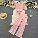 Zingj Socialite Style Suit Female Summer Lace Embroidery Hollow Out V Neck Tied Waist Short Shirt Jacket Wide Leg Slim