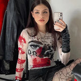Spring 2024 New Round Collar Collar Long-Sleeved Mesh Printing Umbilical Casual Women's
