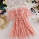 New Summer Autumn Women Ruffles A-Line Dress Sweet Slash Neck Lace Dress Female Short Sleeve Mesh Dress Vestidos