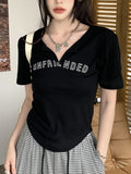 Grunge Tee Tops Korean Retro Graffiti Print T Shirt Women Sexy Slim Crop Top Streetwear V Neck Tops Female Summer