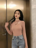 Spring Autumn Women's High neck Hollow Long Sleeve Slim T-shirt Pullover Ladies Sexy Button Top Women Fashion