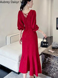 Midi Red Mermaid Dress Women Autumn Korean Sexy V-neck Irregular Sequins Dress Vintage Casual Evening Party Dress
