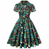 Print Black Pinup Women Cotton Midi Flare Dresses Short Sleeve Knee-Length Floral Print Sundress 50s Swing Party Retro