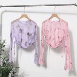 Solid Shot Tie Dyed Mesh Yarn Small Lequine Horn Long Sleeve Thin T-Shirt Drawstring With Short Repair Body Coat