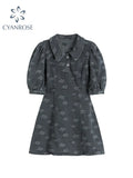 Summer Women's Denim Dress Puff Sleeve Jacquard Dress Female Elegant Korean Streetwear Vintage Harajuku A-line Mini