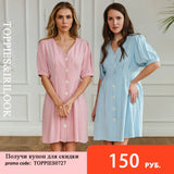Summer Linen Dress Woman Short Sleeve Slim A-line Mini Dress V-neck Single Breasted vestidos mujer