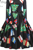 Print Vintage Dress Christmas Dress Women Winter Elegant Party Dresses Petal Sleeve Casual Midi