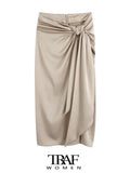Women Fashion With Knotted Gathered Front Slit Midi Skirt Vintage High Waist Back Zipper Female Skirts