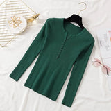 2021 Autumn Winter Button V Neck Sweater Women Basic Slim Pullover Women Sweaters And Pullovers Knit Jumper Ladies