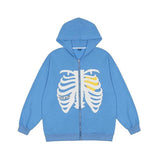Women Hoodies Style Loose Skeleton Zip Up Hoodie Goth Grunge Long-Sleeved Hooded Jacket Retro Black Oversized Sweatshirt