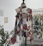 Spice Girls Inclined Shoulder Horn Long-Sleeved T-Shirt Around The Neck With Flowers Lotus Leaf-Lace Mesh Yarn Women