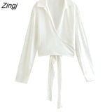 Women Fashion White Color Soft Satin Cross Back Bow Tied Casual Short Smock Blouse Female Kimono Blusas Chic Tops