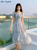 Floral Print Dress Women Summer Elegant Party Midi Dress Casual Puff Sleeve Holiday Lady Dedigner Chic Korean Dress
