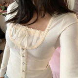 Y2K Sweet Cute Crop Top Lace Frill Bow Pullovers Vintage Square Collar T Shirt Women Skin Button Prepply Korean