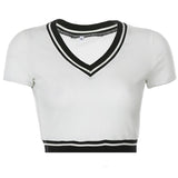 Patchwork Strips V Neck Short Sleeve T-shrit Ladies Ribbed Summer Casual Crop Top T Shirt Women Fashion Tee