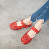 Hollow Genuine Leather Breathable Soft Flat Sandals Summer Women Shoes Woman Casual Solid Buckle Strap Ladies
