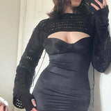 2022 Vintage Knitted Hollow Out Crop Top Women Long Sleeve Crochet Smock T Shirt Causal Y2K Sexy Beach