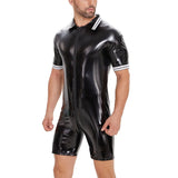 Zingj Plus Size Men's PVC Bright Leather Onesie Sexy Zipper Open Gear Onesie Leather Pants Size