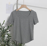 Solid Color Irregular U-Neck Short-Sleeved T-Shirt Woman Xia Slimming Leisure Short Coat