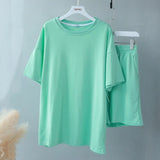 Summer Tracksuits Womens Two Peices Set Leisure Outfits Cotton Oversized T-shirts High Waist Shorts Candy Color