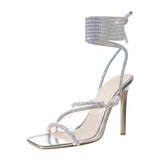 Onlymaker Women's Summer Crystal Lace-Up Stiletto High Heel Sandals Multicolor Square Toe Cross Strap PVC Bling