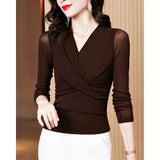Shoot New Foreign Style Fashion Versatile V-Neck Long Sleeve Solid Color Temperament Mesh Bottom Shirt