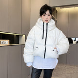 Station Hot Hoodie Short Down Jacket Female 2024 New Thick Double Zipper White Duck Velvet Bread Coat-Outfit