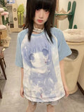 Tops Cartoon Print Loose T Shirts Women Japanese Casual Y2k Aesthetic Grunge Harajuku Contrast Color Patchwork