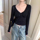 V-Neck Lace Patchwork Floral Long Sleeve TeeOutfit