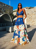 New Women Two-piece Skirt Suit Straps Tube Top Skirt Sweet Printed Bra Naked Waist Chic Beach Dance