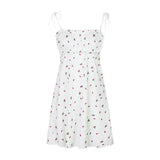 Floral Printed Sleeveless Spaghetti Strap Dress Summer White A Line Short Dresses Ladies Ruched Tie Up Casual