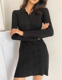 Women Sexy Sweater Dress Turndown-Collar Long Sleeves Elastic Pencil Dress Autumn Button Bodycon Stripe knitted