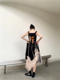 Vintage Mesh Patchwork Long Skirt For Women Summer 2022 Black High Waisted Skirt High Fashion Bottoms Designer