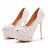 Cm White Lace High Heels Wedding Shoes Water Drill Pearl Banquet Shoes Large Size Thin Heel Waterproof Table Single