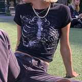 Vintage Skeleton T-Shirt Y2K Aesthetic Gothic Harajuku Grunge Graphic Print Crop Top Punk Streetwear Women Summer Sweat