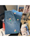 Jeans Women Fashion Vintage Basic Blue Ankle-length Denim Pants Sweet Flower Print Jeans Female Korean Summer 2022