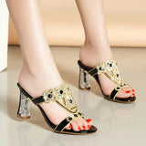 New High-Heeled Sandals Are Sexy And Fashionable In Gold In Summer, Wearing Thick Heels And Diamond-Encrusted Slippers In Middle