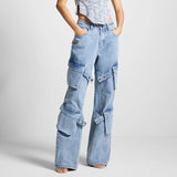 Zingj 2024 New Fashion Retro Multi-Pocket Design Sense Strap Jeans Women's Straight Tube Casual Versatile