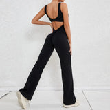 Hollow Backless Scrunch Gym Flare Jumpsuit Sport Casual Women One Piece Outfits Yoga Dance Jump Suit Black Fitness