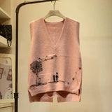 V-neck Knitted Sweater Vest Femal Cartoon Pattern Frill Loose Sleeveless Bottoming Pullover Sweater Vest Women