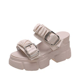 Pleated Cool Slippers Female 2025 Summer New Korean Fashion Belt Buckle Platform One Word High Heel