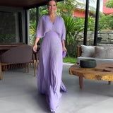 Zingj New Fall 2023 Solid Color V-Neck Bat Sleeve High-Waisted Dress-Outfit