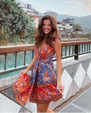 Queens Women Floral Print V-neck Rayon Cotton Vacation Bohemian Mini Dress Ladies Short Sleeve Boho Dresses