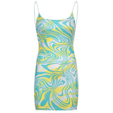 Printed Sexy Bodycon Mini Dress Women Summer Backless Sleeveless Spaghetti Strap Short Dress Party Fashion