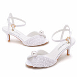 Cm Fish Mouth High-Heeled Sandals Shallow Mouth Buckle With Large-Size Round-Head High-Heeled Shoes Hollow Fish Mouthed Ribbon Pearl