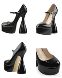 Onlymaker Women Pumps Platform Black Patent Leather Spike High Heels Slip-On Buckle Big Size Fashion Elegant Mary Jane