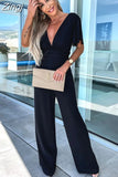 Jumpsuit Sexy Slim High Waist Short Sleeves Ruffle V-neck Pleated Wide Leg Overalls Women Jumpsuits One Piece
