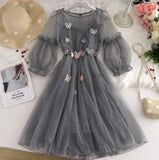 Summer Autumn Women Long A-Line Dress Sweet Floral Butterfly Lace Dress Female Short Sleeve Mesh Dress Vestidos