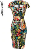 Retro Vintage 50s Party Sheath Bodycon Dress Floral Print Work Wear Office Women Knee Length Hips Wrapped Pencil