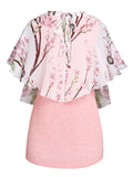 Bloom Flower Print Chiffon Overlay Heathered Tee Women Tops Faux Twinset False Two Piece Summer T Shirt Casual